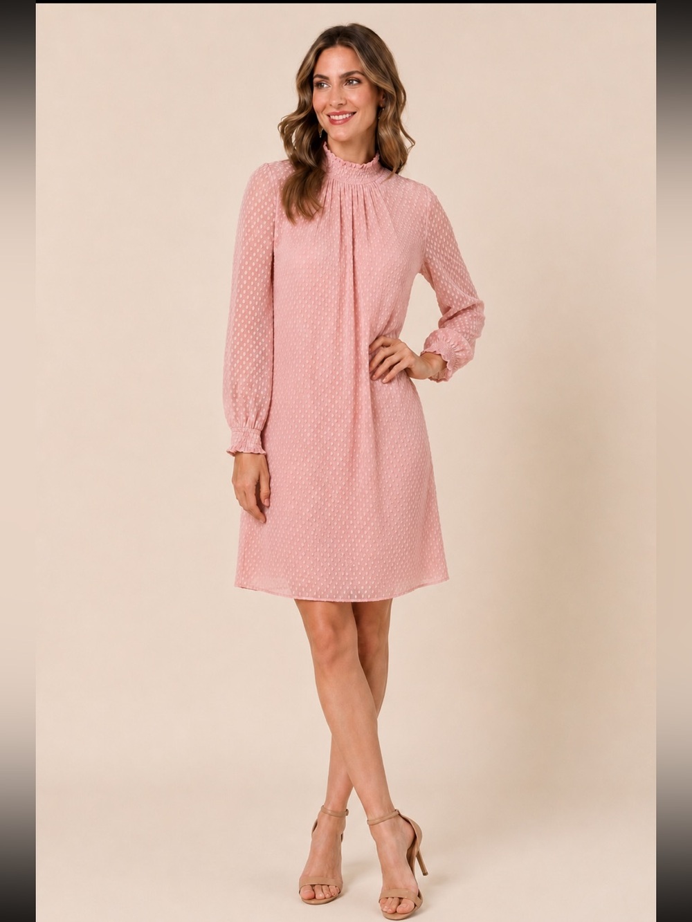 Nina Leonard Pink Peach Sheer Mock Neck Dress Swiss Dot Large Romantic Feminine - Picture 8 of 8